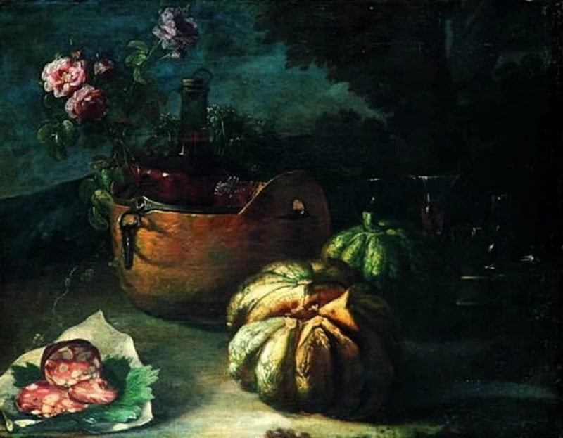 Candido - Ciotola in bronzo con bottiglia, bicchieri, fiori di salame e melone verza par